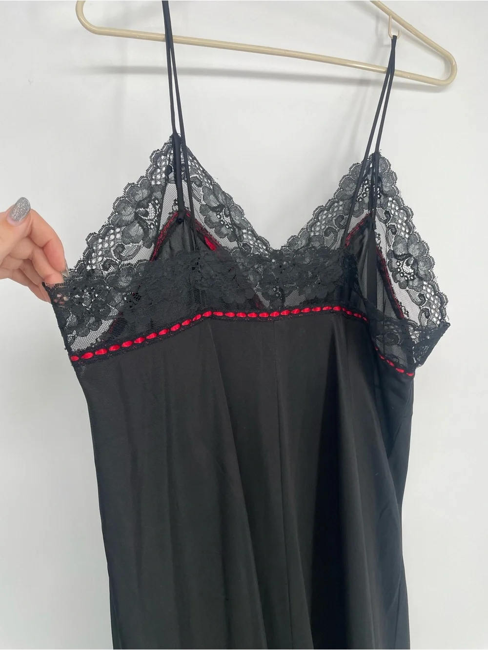 Vintage Black & Red Long Nylon Slip Nightgown Lace & Satin Ribbon Accents - Picture 10 of 13